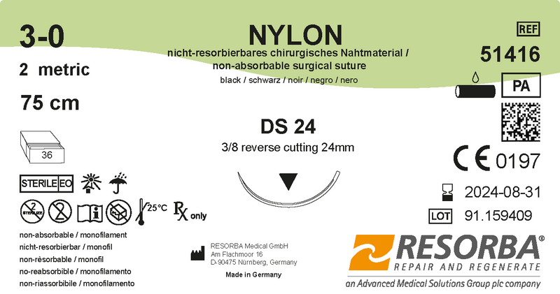 Нейлон моно USP 3-0 чорний, довжина 75 см, голка зворотньо-ріжуча 24мм, 3/8 кола